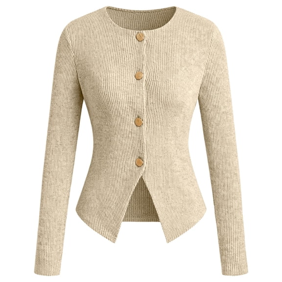 Women's Round Neck Slim Fitted Button Up Long Sleeve Ribbed Knit Cardigan Sweater Jacket, Lightweight Soft Skin-Friendly Business Casual Work Layering for Fall Winter Daily Beige