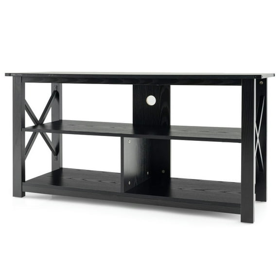 Spaco 3 Tier Wood TV Stand for 55-Inch with Open Shelves and X-Shaped Frame-Black, Mid Century Modern TV Stand for Living Room Bedroom