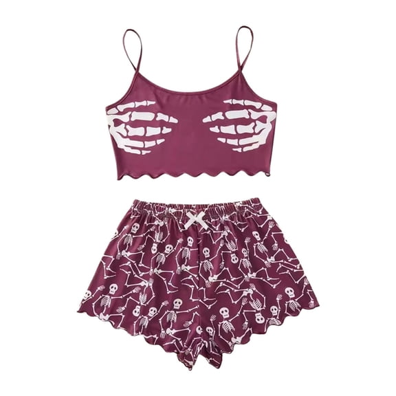 RMGVDSD Women's Skeleton Print Cami Pajama Sets Top Shorts Set, Spaghetti Strap Crop Tank Tops with Bottoms, Halloween Pajamas 2 Piece Soft Comfy Sleepwear