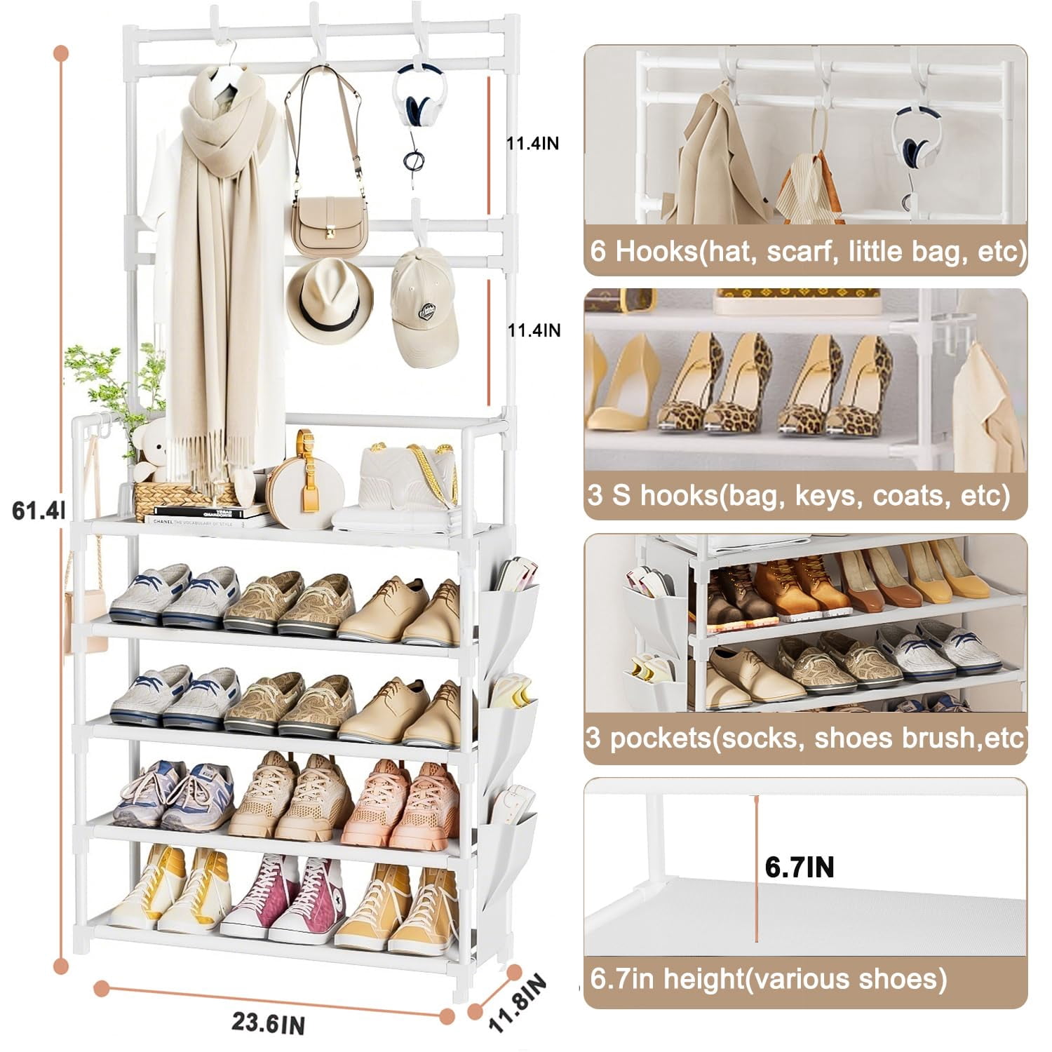 Shoe Rack 5 Tier Organizer Storage 15-20 Pairs Shoes For Closet Entrance With Hooks And Side Pocket Entryway Holder Space Saving Free Standing Racks