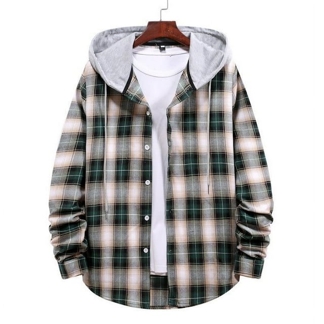 cllios Hooded Flannel Shirt for Men 2024 Clearance, Regular Fit Button Down Plaid Shirt Jacket Drawstring Long Sleeve Shacket Jacket Spring Fall Lightweight Hoodie Coat Black XL