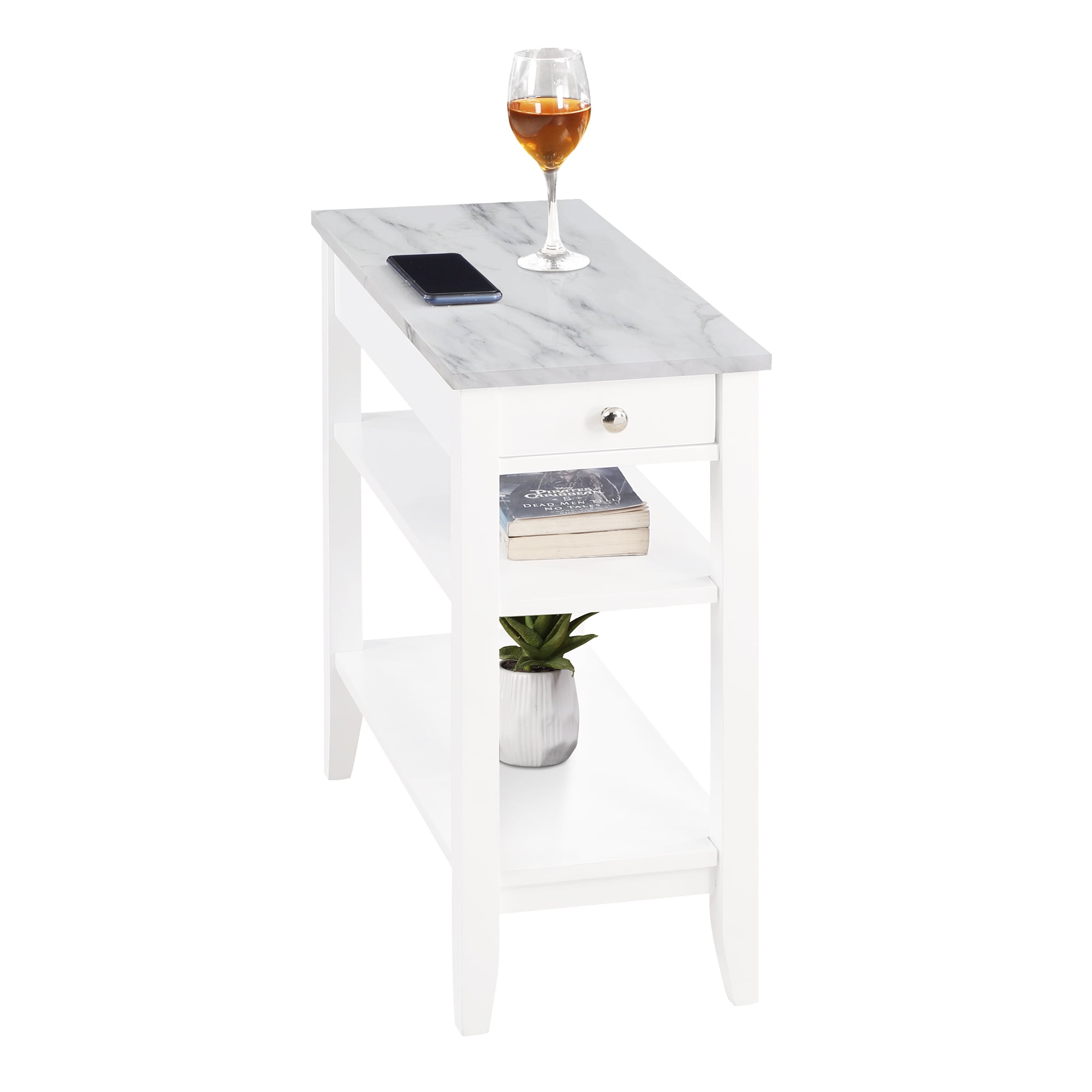 Convenience Concepts American Heritage 1 Drawer Chairside End Table with Shelves, White Faux Marble/White