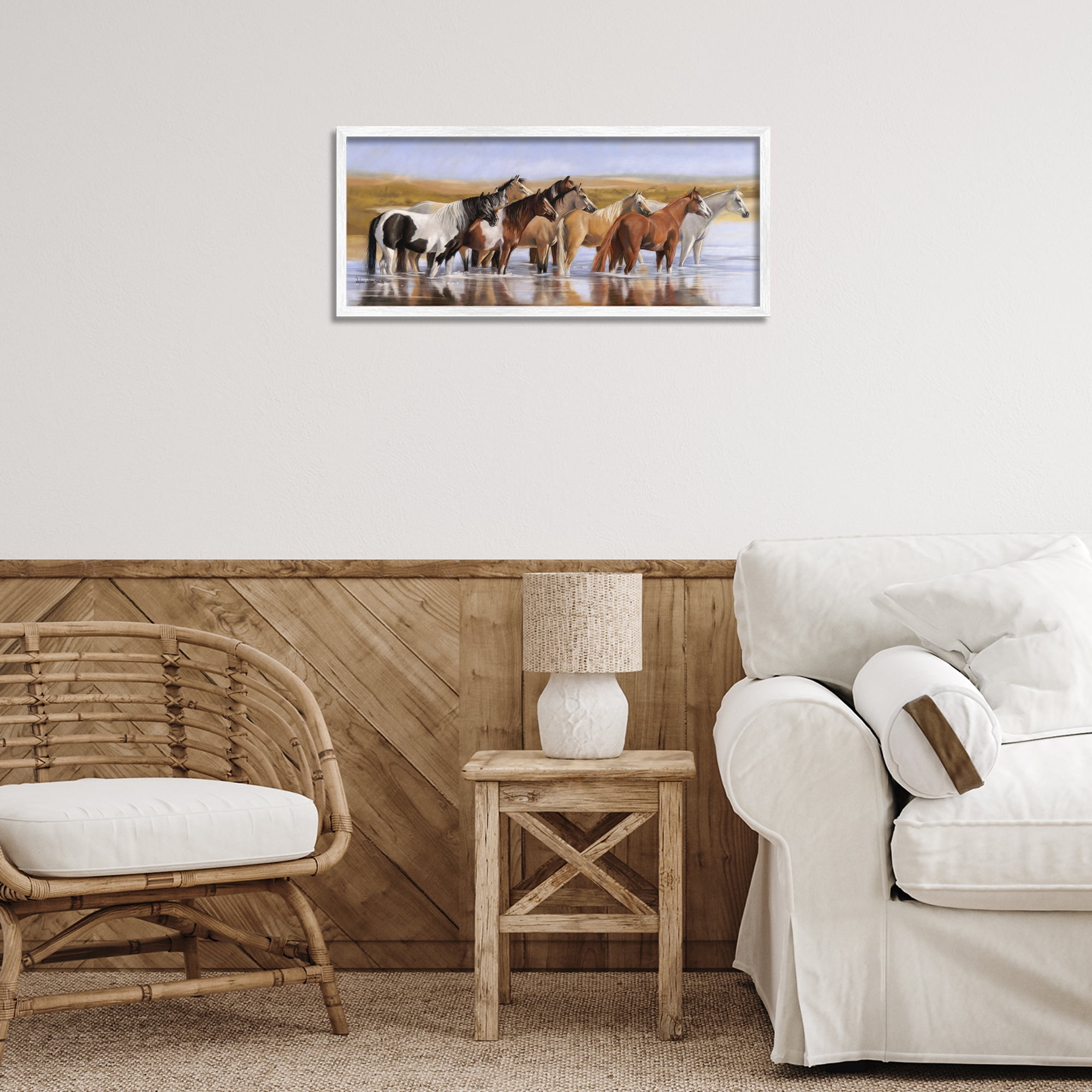 Stupell Industries Horse Herd in River Animals & Insects Painting White Framed Art Print Wall Art, 24 x 10