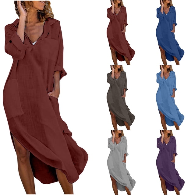 Gspmoly Robes d'Été pour Femmes 2025, Mode pour Femmes Unie à Manches Longues avec Poches, Col Rabattu, Robes Formelles pour Femmes Économies d'Été
