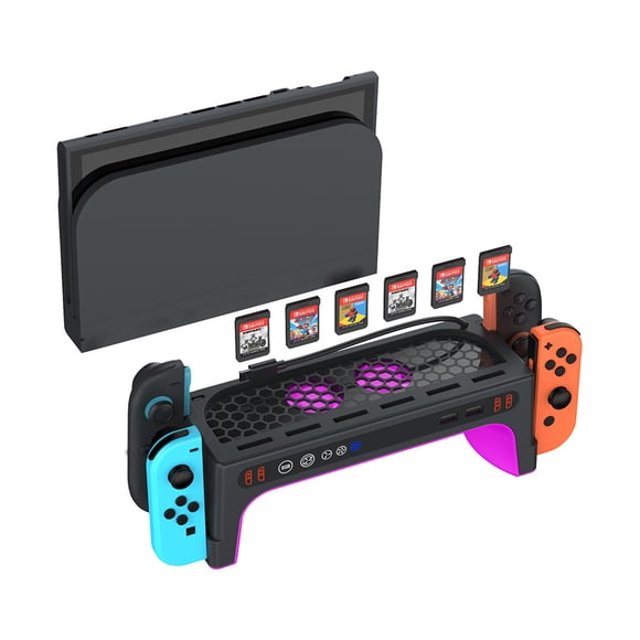 Station d'Accueil Murale pour Ventilateur de Refroidissement pour Nintendo Switch 2 et Switch, Support de Chargement de Bureau avec Lumière RVB, Refroidisseur de Console et Chargeur Joy‐Con Station de Jeu