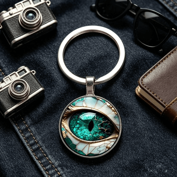 Retro Turquoise Evil Eye Keychain, Golden Crack Texture Glass Cabochon Metal Key Ring, Lucky Amulet Bag Charm For Car Key Halloween Christmas Daily Gifting Decor