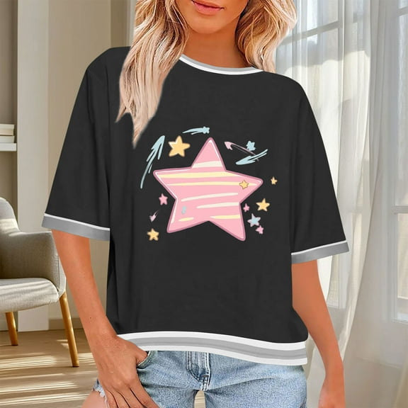 Byworldtasic Women's Basic Tops Womens Oversized Cropped T-Shirts Scoop Neck Short Sleeve Boxy Tee Printed Color Block Workout Shirts