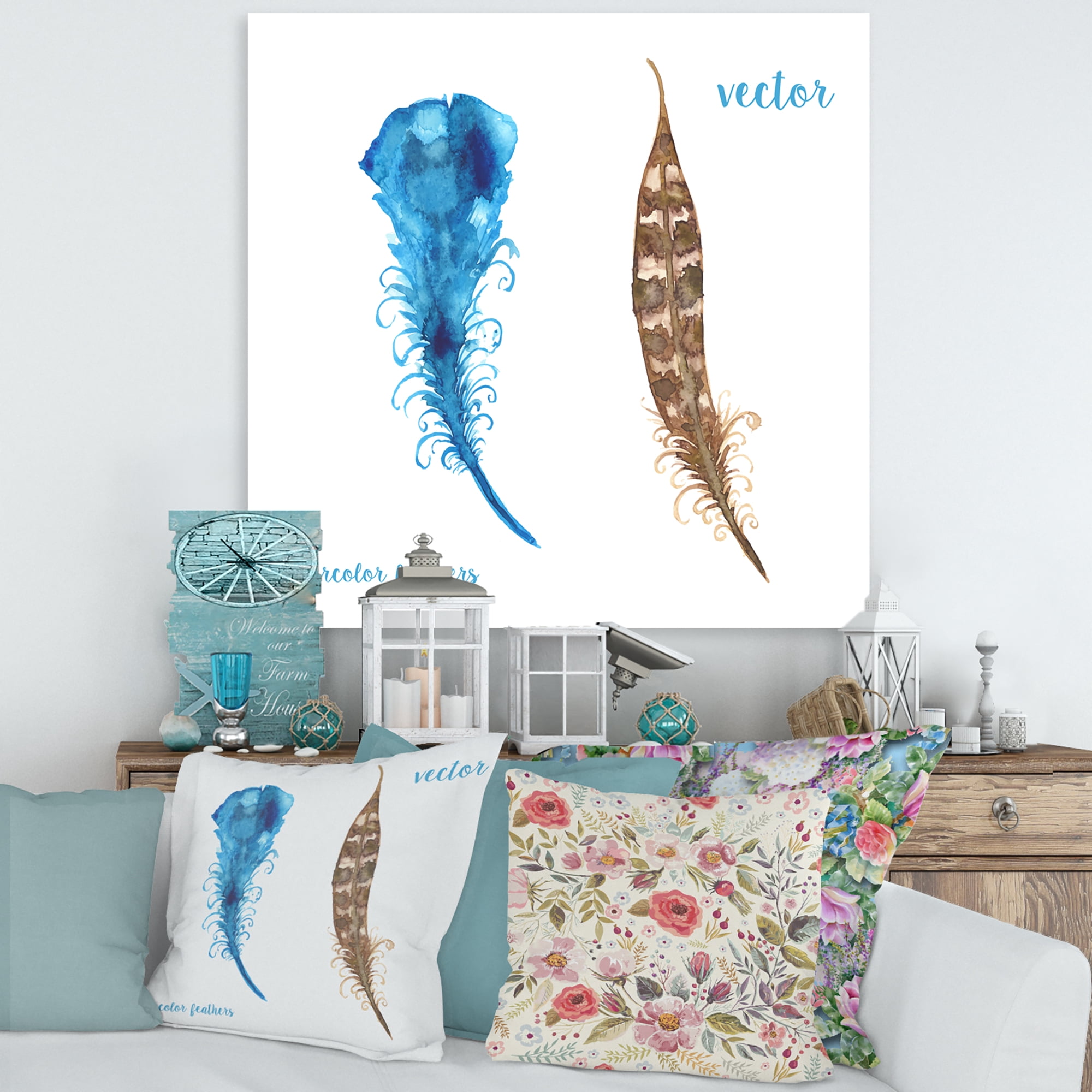 Designart ' Ethnic Boho Watercolor Feathers ' Bohemian & Eclectic Canvas Wall Art Print