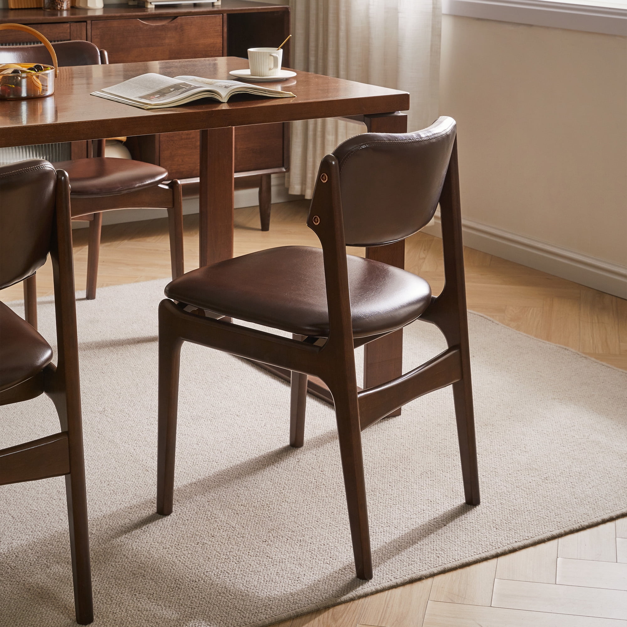 Dining Chair 17.72 Inch, Solid Wood Frame with Brown PU Leather Upholstered Seat for Dining Room Coffee Shop