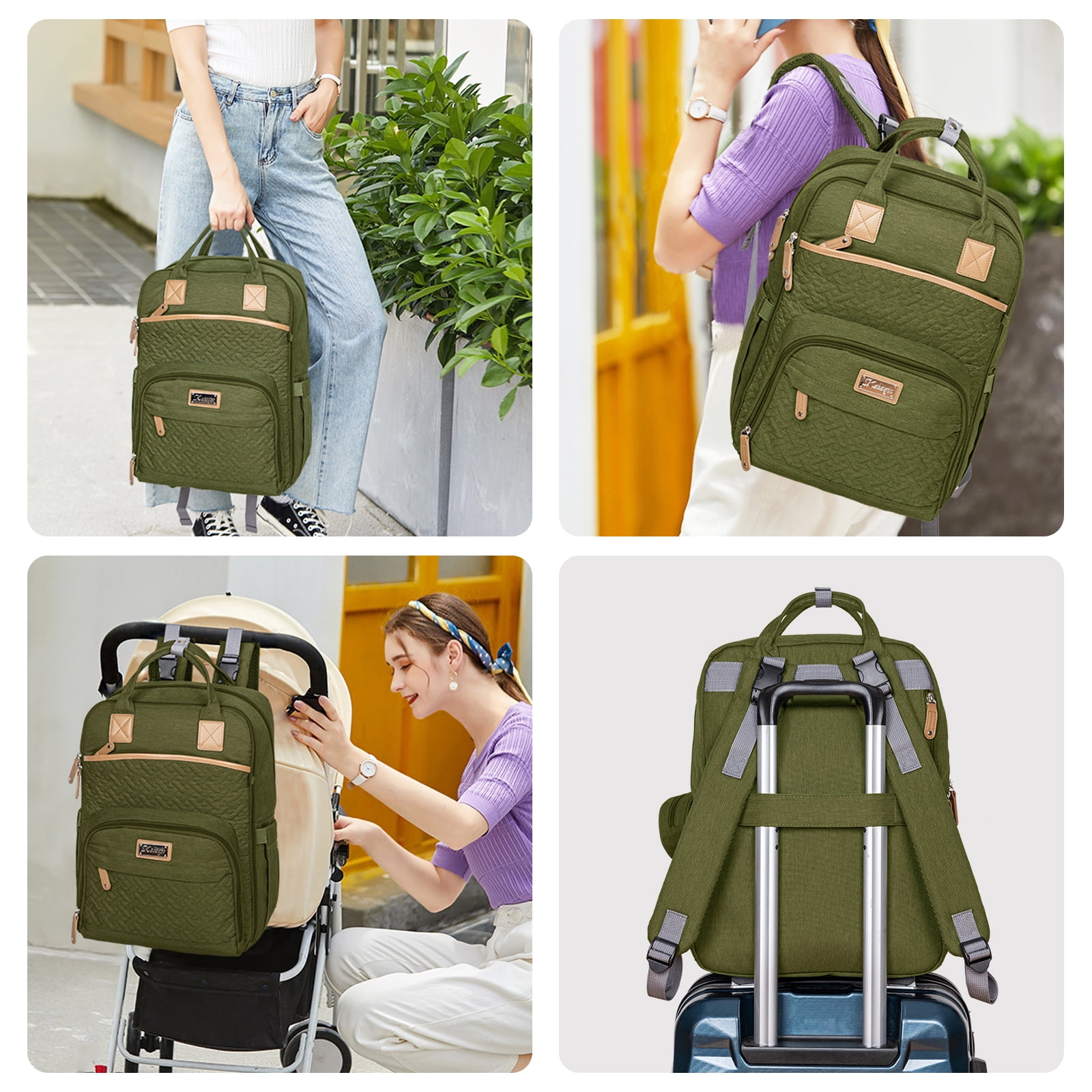 Kabaqoo Diaper Bag Backpack with Insulated Milk Bottle Pocket, Large Baby Diaper Bag for Travel, Green
