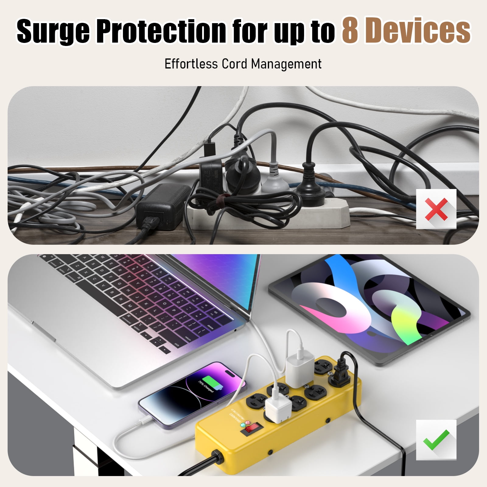 VILONG Heavy Duty Surge Protector Power Strip 20A, 8-Outlet,4800J /2500W, Multi Plug Outlet, 6ft 12AWG Extension Cords for Indoor, ETL, Yellow