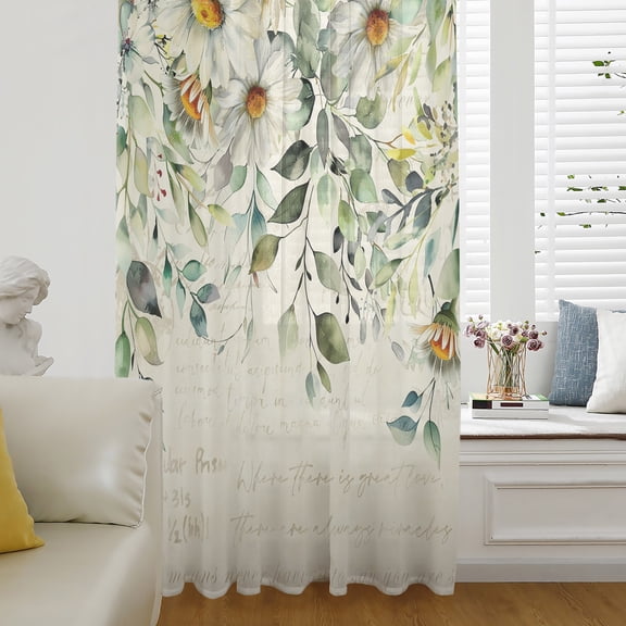 White Daisy Sheer Curtains 63 Inch Length, Light Filtering Voile Curtain Panel, Spring Floral Eucalyptus Leaves Summer Botanical Rod Pocket Drapes Window Treatments for Living Room Bedroom 52"x63"