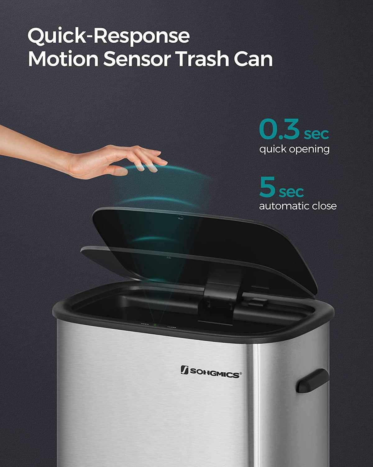 SONGMICS Motion Sensor Trash Can, 13 Gallon Automatic Kitchen Garbage Can,  Multi-Colored Indicator Lights, Ozone Odor Control, Stay-Open Lid, Tall