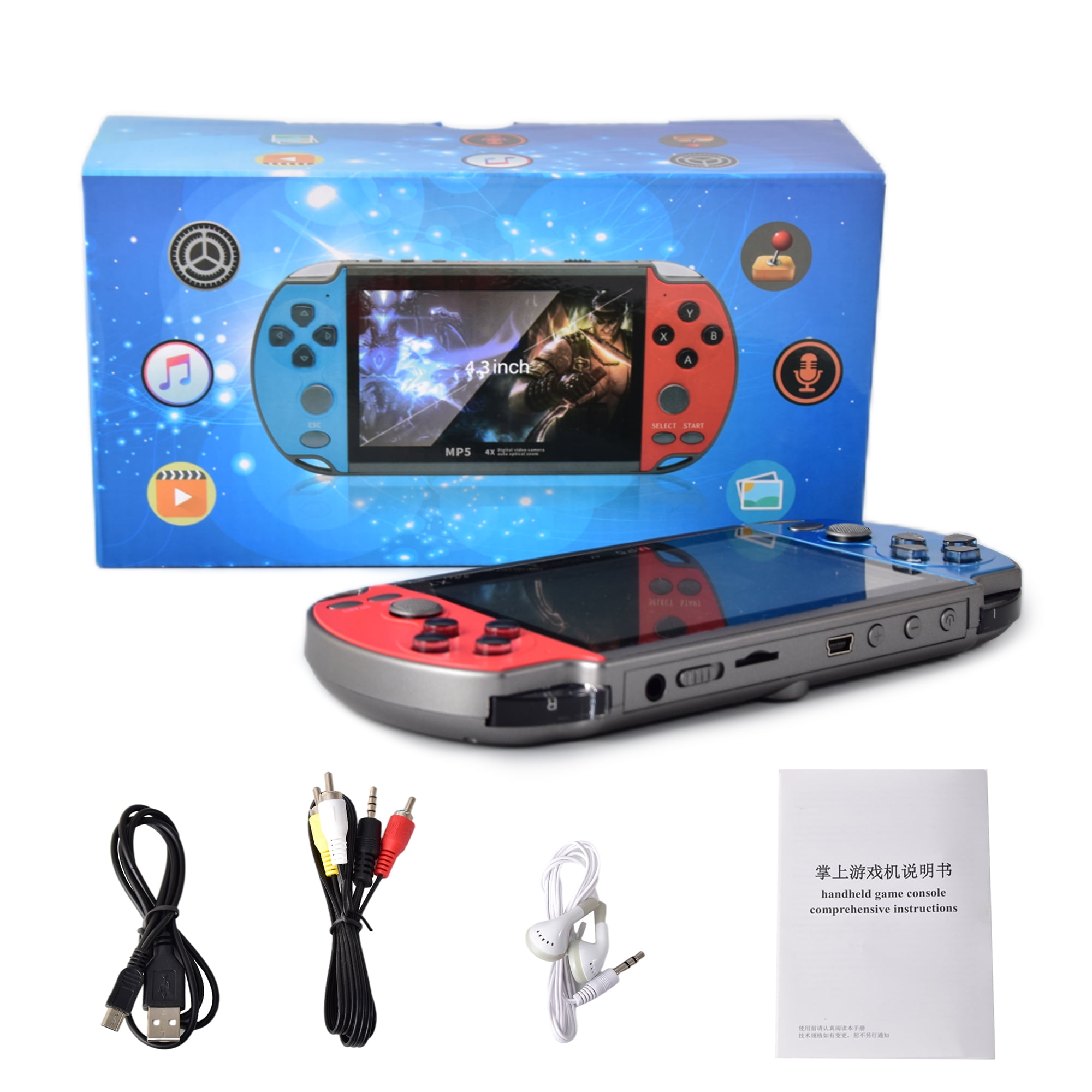 X7 4.3 PSP 8G ROM Hand Game Machine Player,TV Output with  Earphone,Blue&Red 