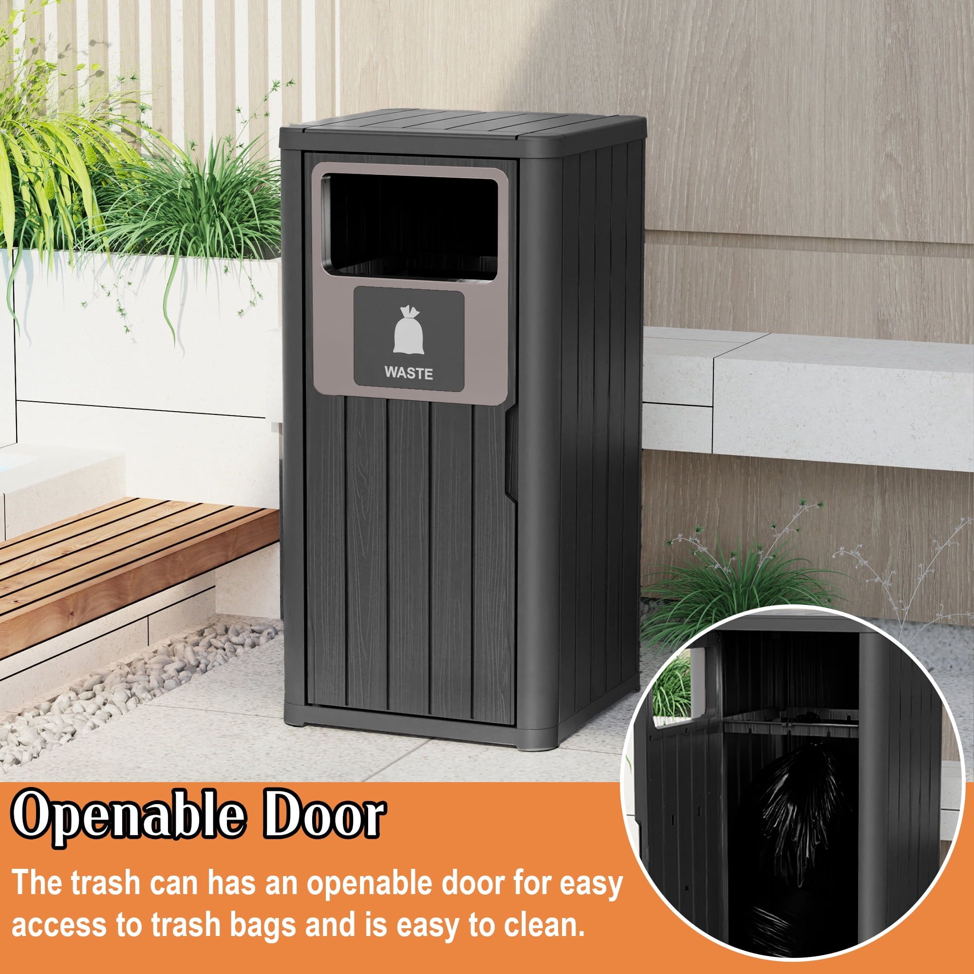 Outdoor Single Barrel Trash Can,Waterproof Resin Garbage Can with Garbage Labels,Durable Waste Bin for Porch, Backyard,Kitchen,for 30 to 39 Gallon Trash Bags（Black，1)