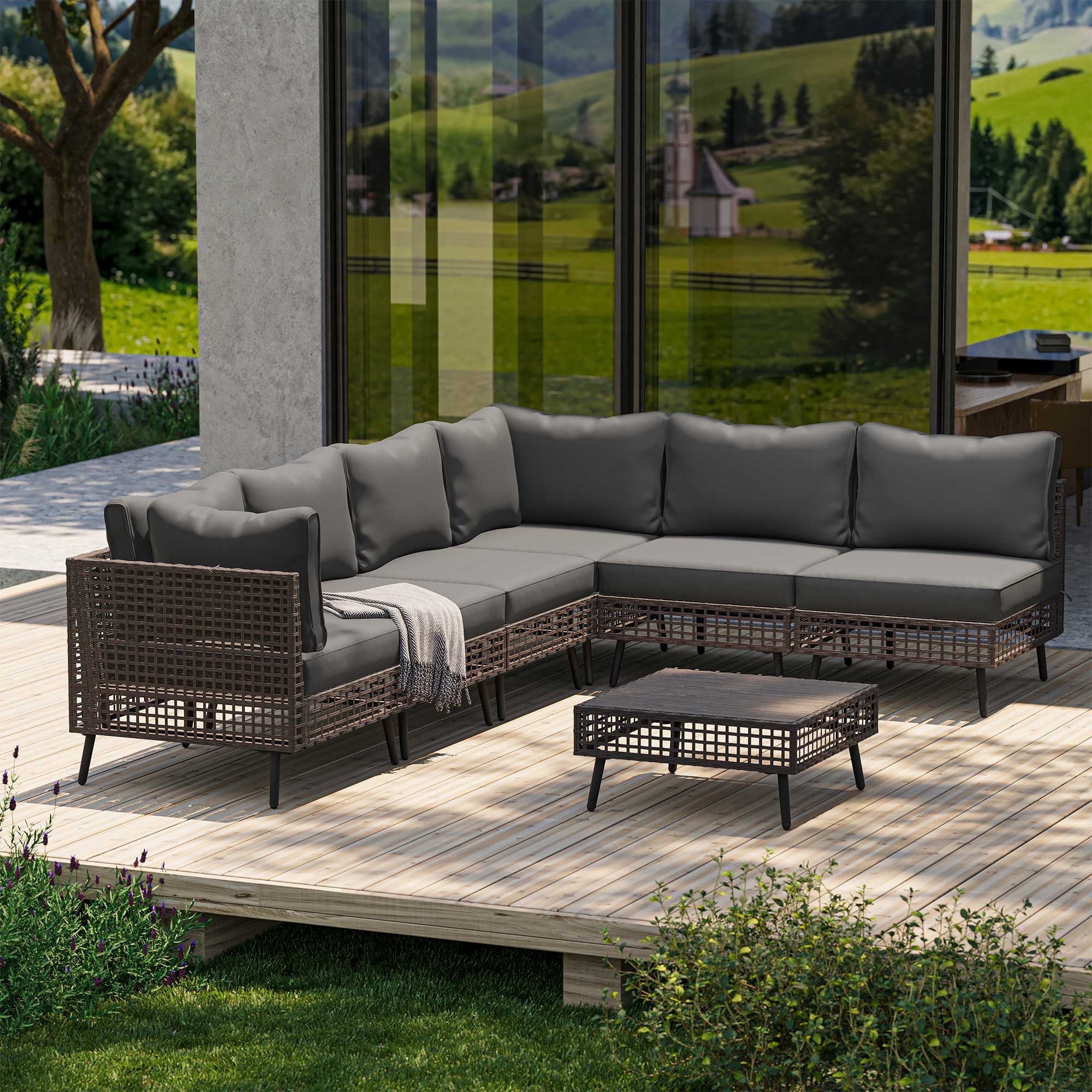 LAUSAINT HOME 7 Piece Wicker Sectional Outdoor Conversation Sets, Patio Furniture with Gray Cushions