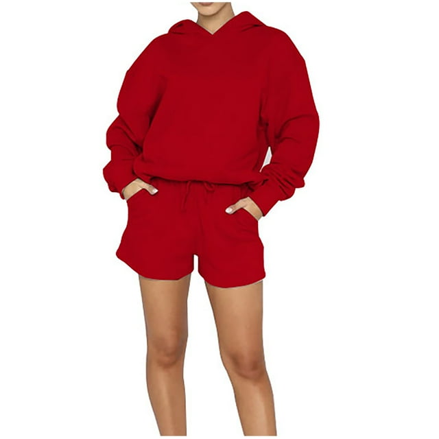 Mrat Ensemble Tendance pour Femmes Chandails à Capuchon Survêtement Chandails à Manches Longues Shorts Pantalon Tenue 2 Pcs S-8 Rouge-A L