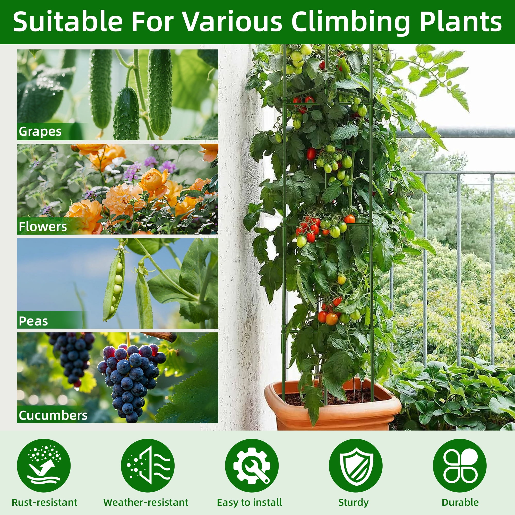 Tomato Cage, Qissep 4 Pack 52 inch Tall Tomato Trellis Triangle Tomato Cages for Garden Climbing Plants, Vegetables, Flowers, Fruits, Flexible Height Adjustment