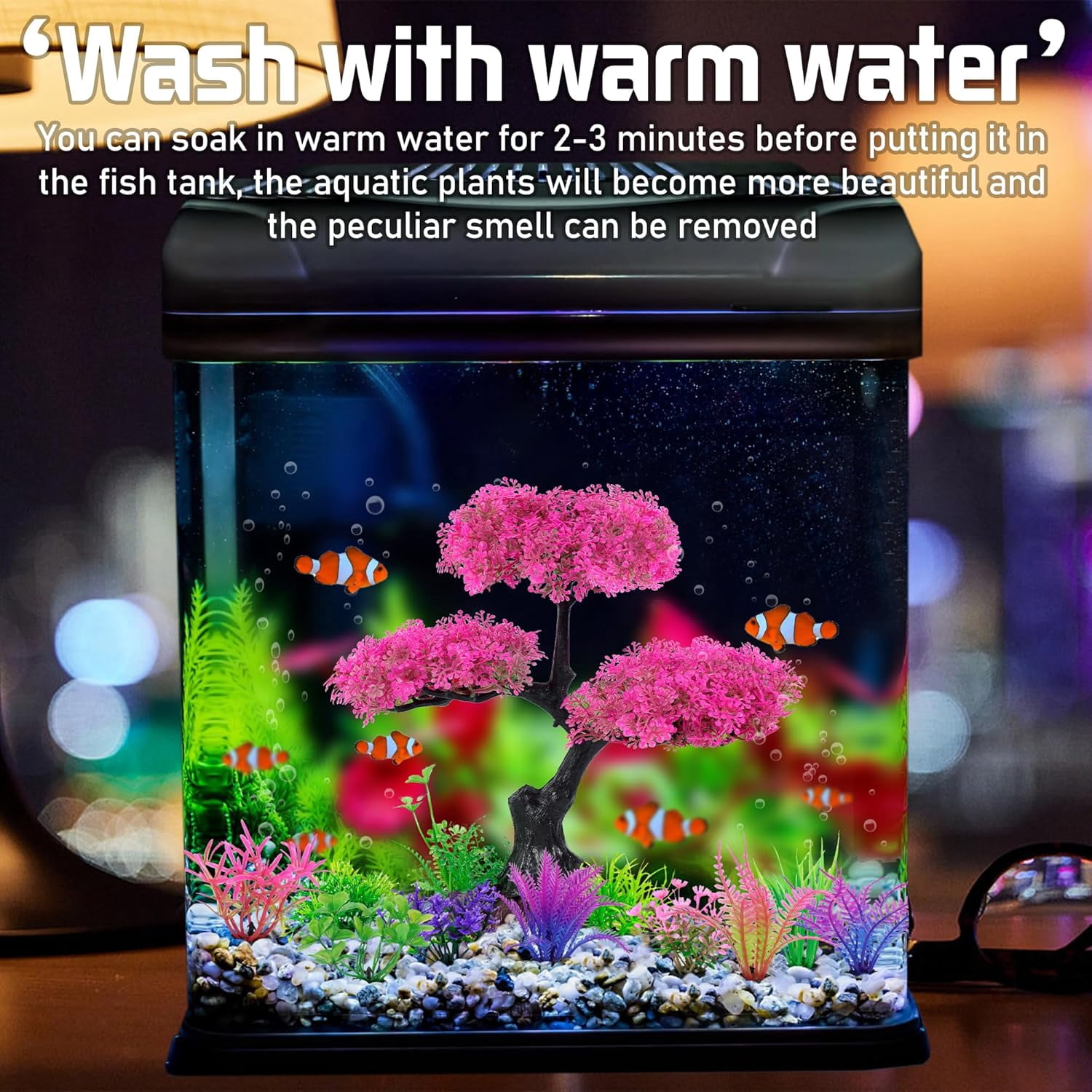Aquarium Artificial Plastic Plants Decoration,  Cherry Blossom Tree Aquarium Decor Set, Goldfish Betta Fish Tank Decorations Hides Accessories