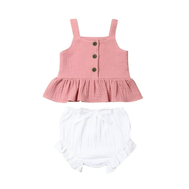 Newborn Baby Girls Button Sleeveless Crop Tops + Mini Shorts Outfits 2pcs Clothing Set
