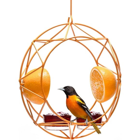 MEKKAPRO Sun Oriole Feeder for Outdoors, Jelly and Orange Metal Bird Feeder, Unique Sun Design and Bright Color, Open Top Hook, UV-Resistant Powder-Coated Steel (2 Cups)