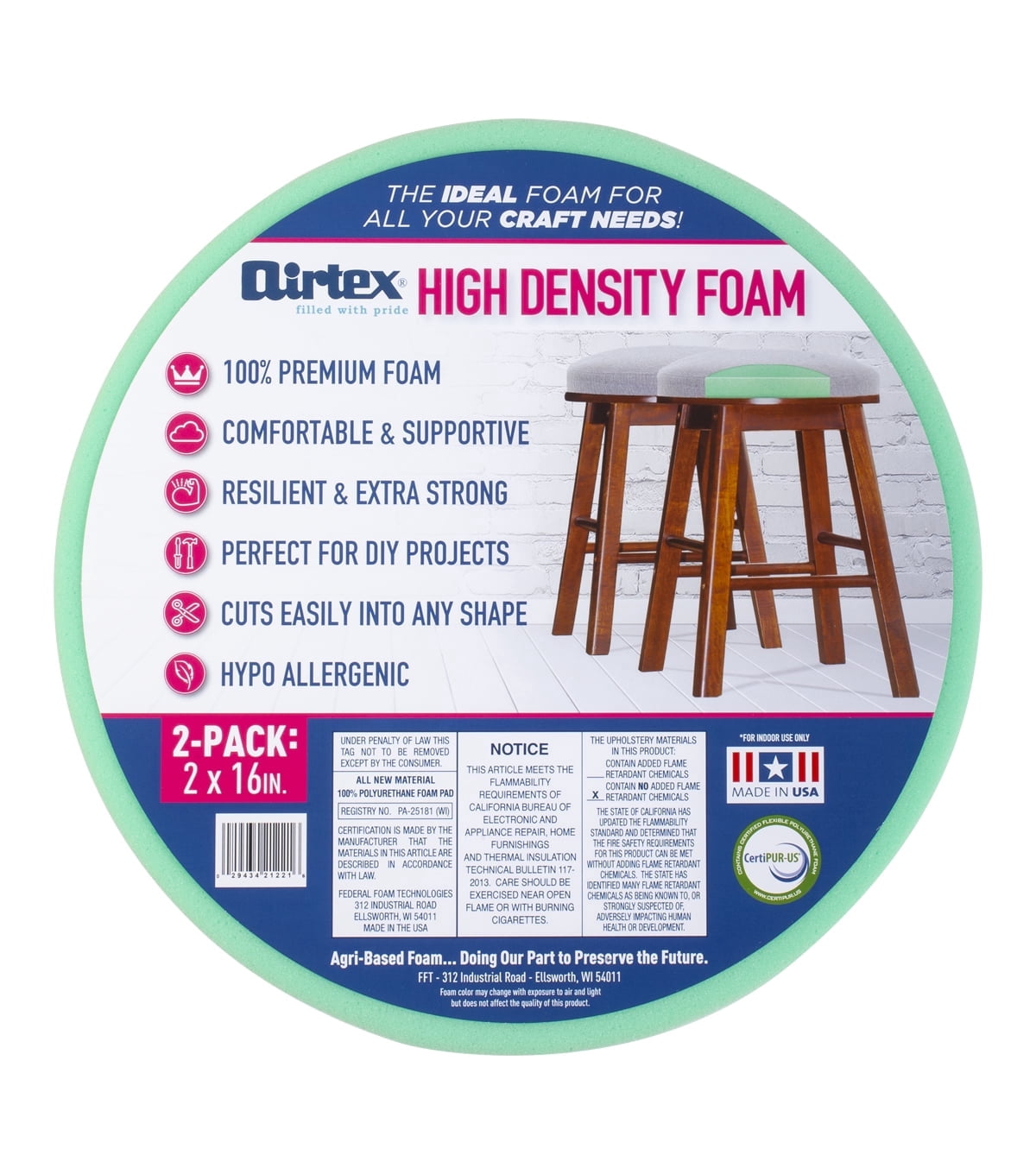 AIRTEX HIGH DENSITY CRAFT FOAM - 2" X 16" DIAMETER - 2 PACK, THICK FOAM FOR ARTS ,CRAFTS, AND SEWING PROJECTS