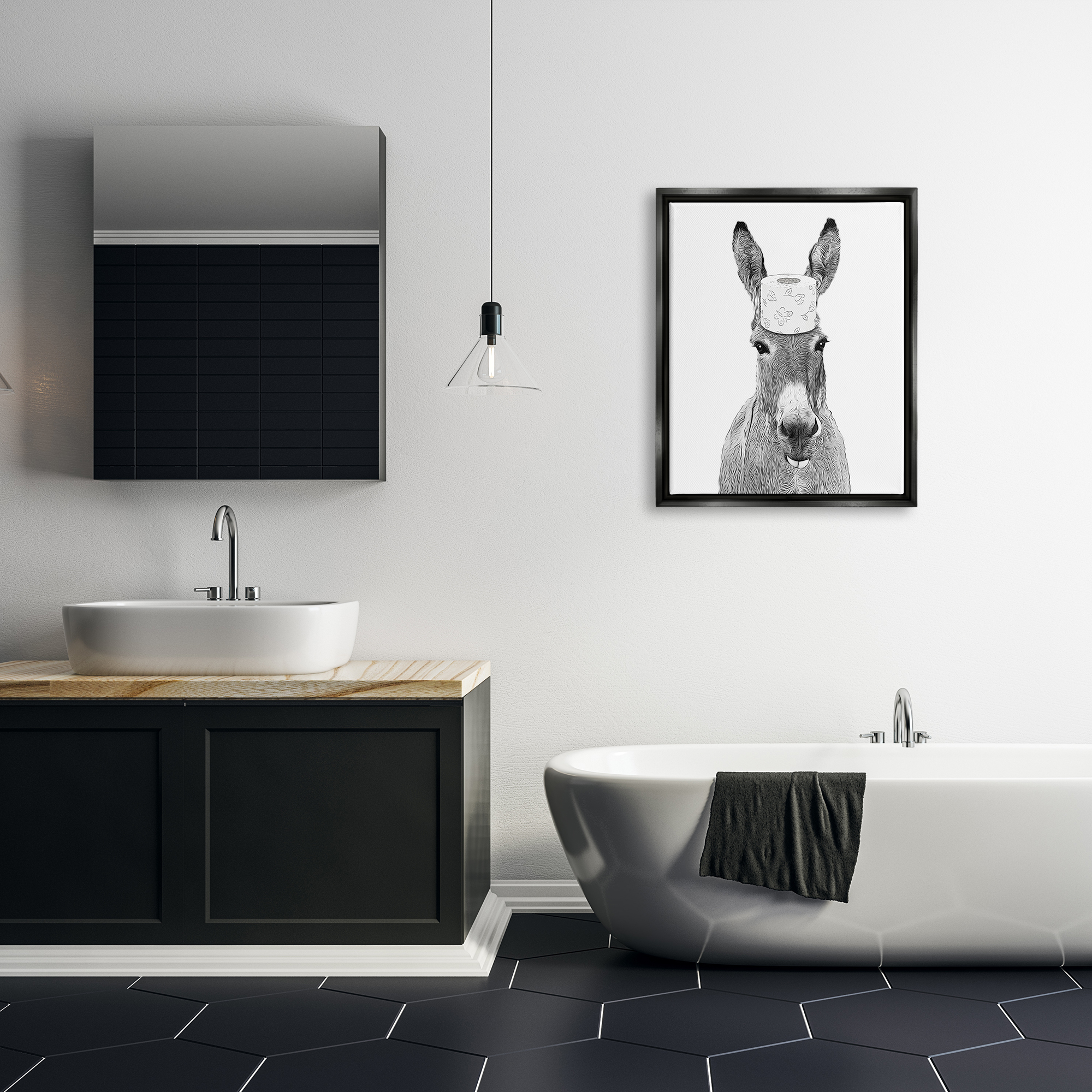 Stupell Industries Donkey Toilet Paper Funny Bathroom Animals & Insects Painting Black Floater Framed Art Print Wall Art