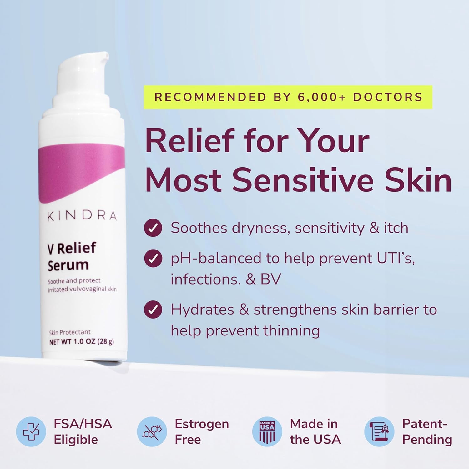 Kindra V Serum Vaginal Moisturizer - OBGYN Recommended For Itching, Burning, Vaginal Atrophy, UTI BV Infection Odor Prevention, with Hyaluronic Acid, Estrogen-Free, pH-Balanced - 60 Applications