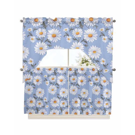Blue Daisy Kitchen Curtain and Valance Set 3 Pieces,Rod Pocket Short Tier Curtains 24 Inch Length,Spring Floral Summer Botanical Watercolor Swag Topper Small Window Treatment for Cafe Bathroom