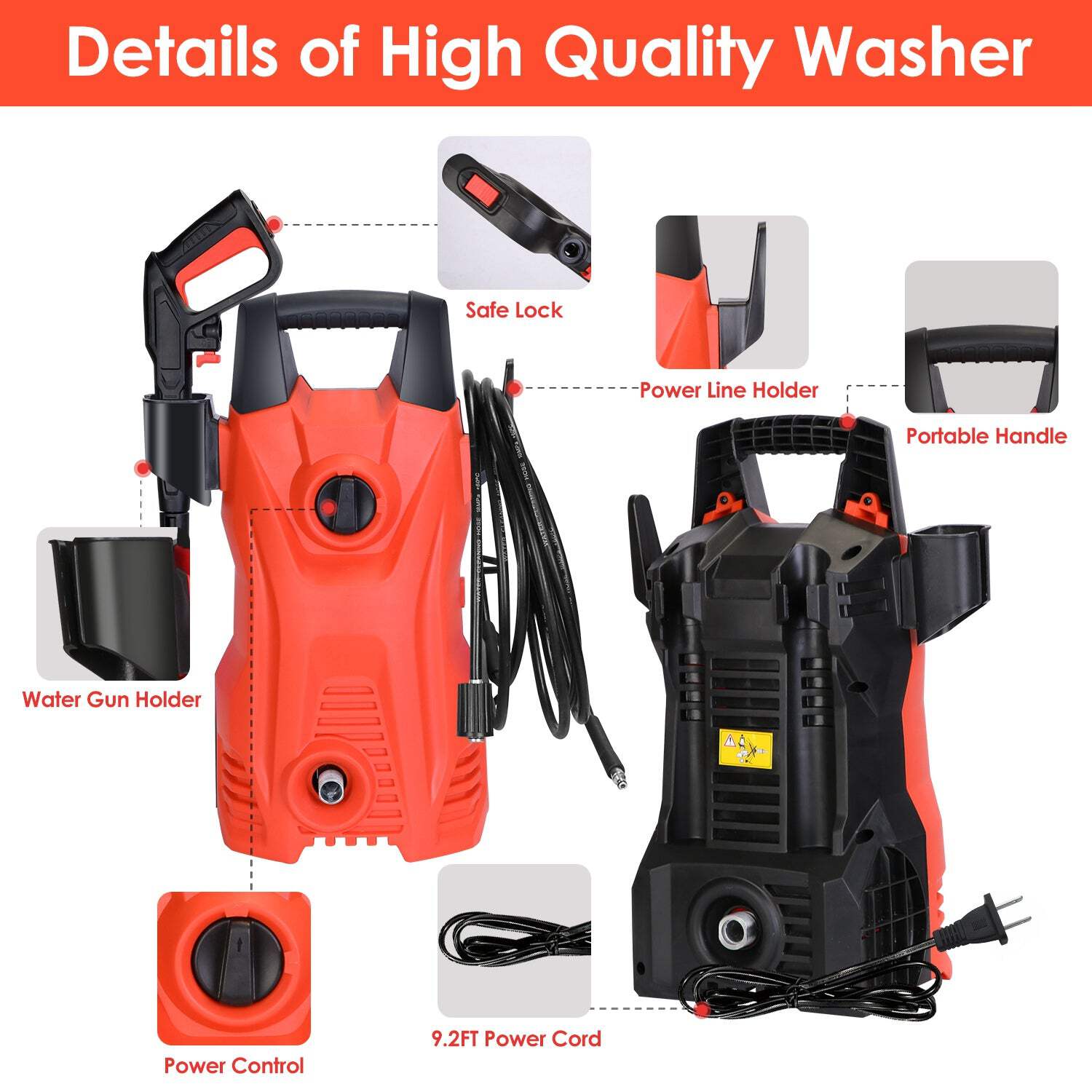 Electric High Pressure Washer 1740 PSI, 2.6 GPM, Car & Surface Cleaner, Adjustable Nozzle, Soap Dispenser, Waterproof