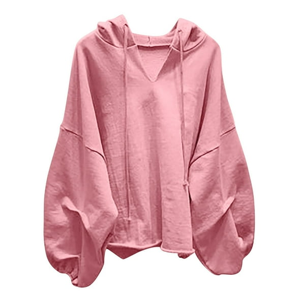 Riecok Hoodies for Women Plus Size V-Neck Long Sleeve Hooded Sweatshirts Drawstring Pullover Tops Solid Casual Fall Clothes