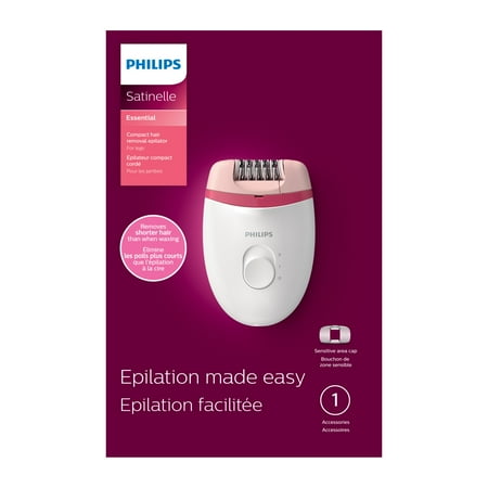 Philips Satinelle Essential Compact Hair Removal Epilator for Women, BRE235/04 - White And Pink