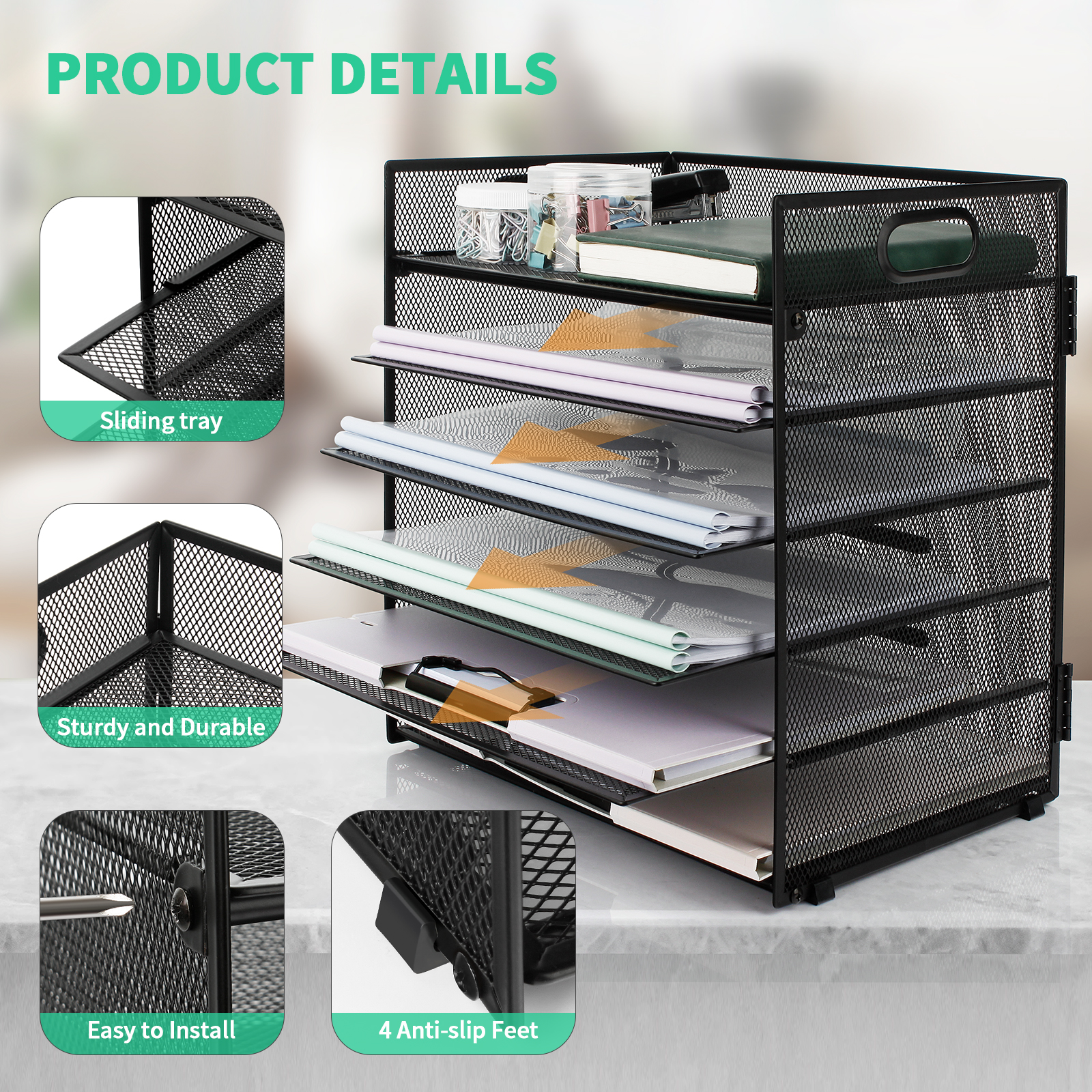 PHANCIR 6-Tier Metal Mesh Desk Organizer with Handle photo 5