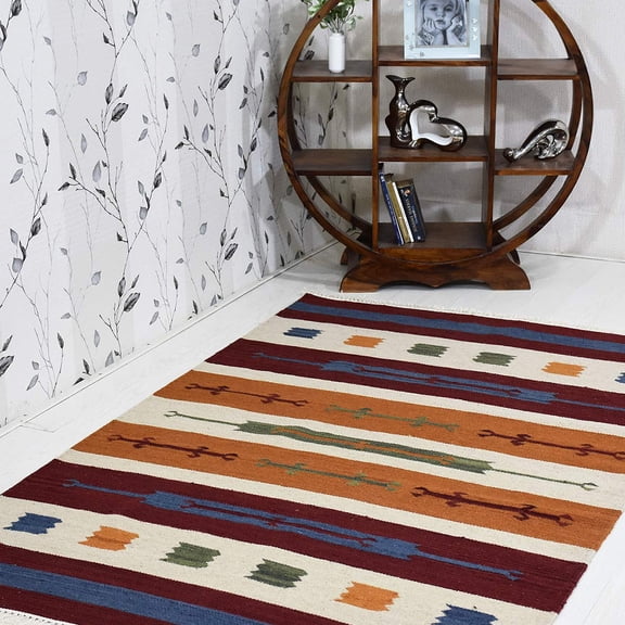 Rugsotic Carpets Hand Woven Flat Weave Kilim Wool Eco-Friendly 3'x5' Area Rugs Rectangle Multicolor Contemporary Modern Design Low Pile Indoor Handmade Rug for Living Room, Bedroom D00112