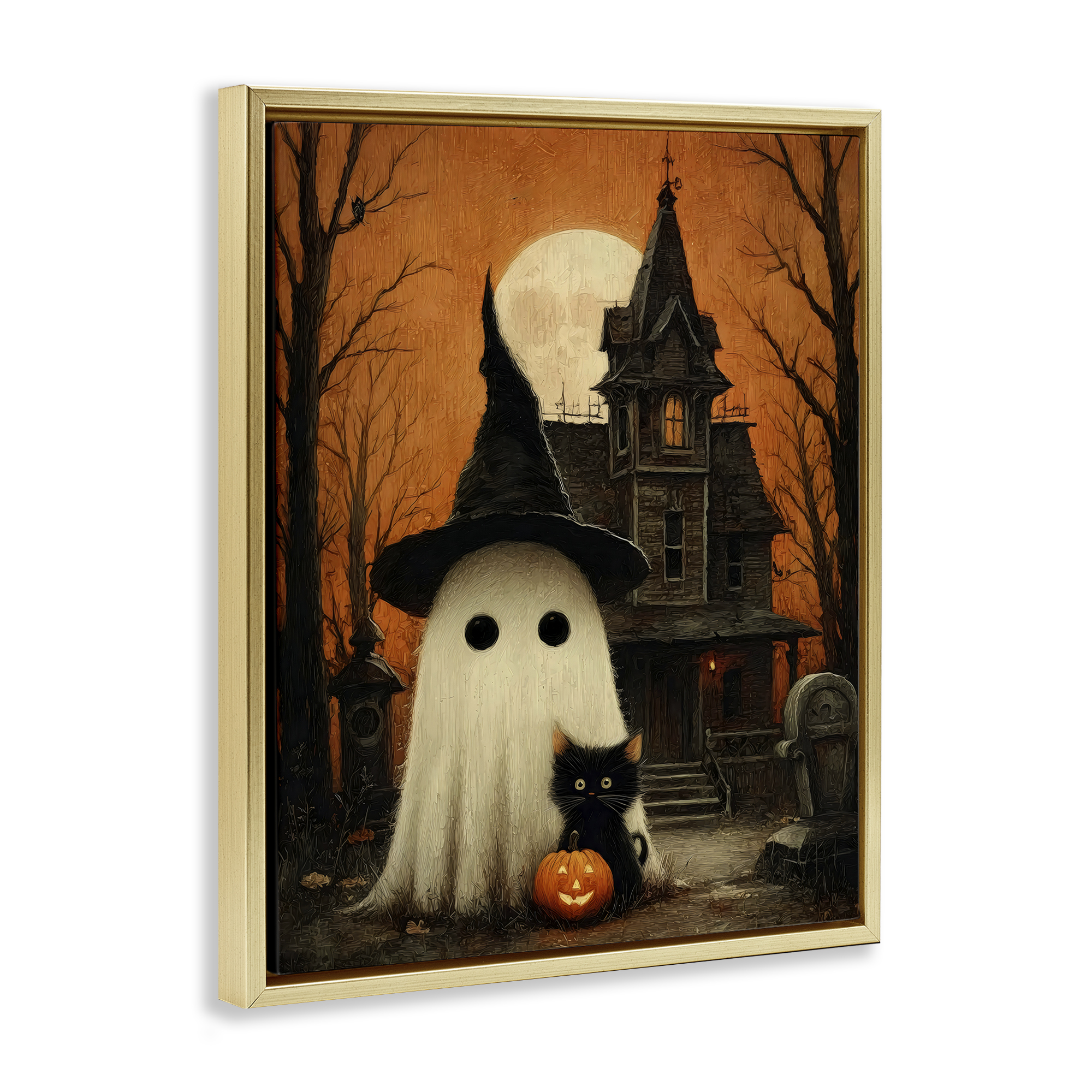 Cute Ghost & Haunted House Gold Framed Floater Canvas Wall Art, design by Arlington Prints