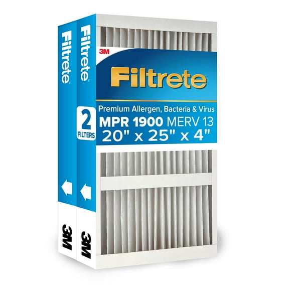 Filtrete 20x25x4 AC Furnace Air Filter, MERV 13, MPR 1900, Fits Honeywell, CERTIFIED Asthma & Allergy Friendly, Premium Allergen, Bacteria & Virus, 2-Pack (Actual Size 1