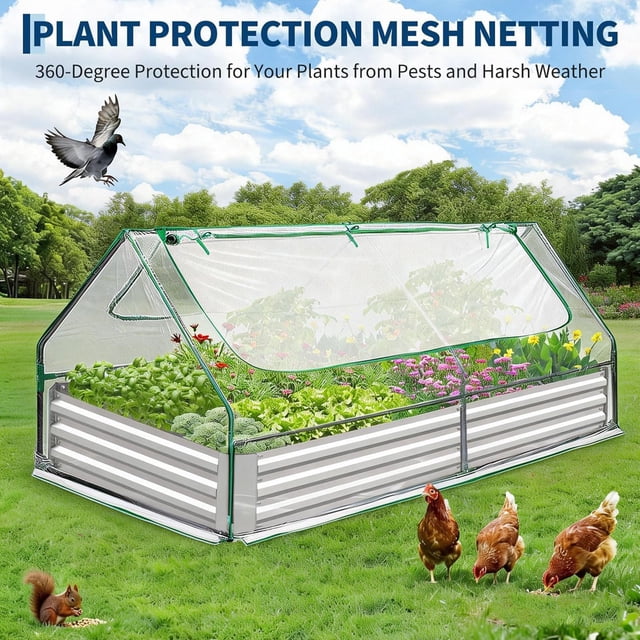 AKDSteel Galvanized Raised Garden Bed With Cover, 6x3x1 Ft Metal Planter Box Featuring Screen Windows And Large Greenhouse For Outdoor Growing Of Flowers, Vegetables, And Herbs