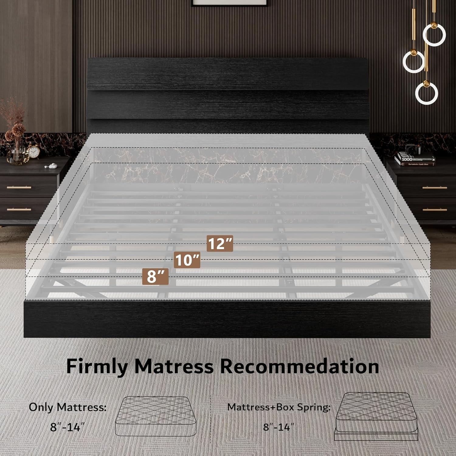 Honfach Floating King Size Bed Frame with LED Lights & Charging Station, Platform Bed with Wooden Storage Headboard, Black.