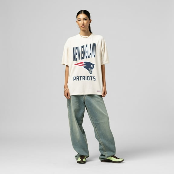 Women's Mitchell & Ness  Cream New England Patriots Logo Rise Boyfriend T-Shirt