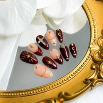 Nail Fairy  Handmade Press-On Nails – Maroon Nude Style with Star Cross Charms – Elegant Red Queen-Inspired Design – Reusable with Free Application Kit Included