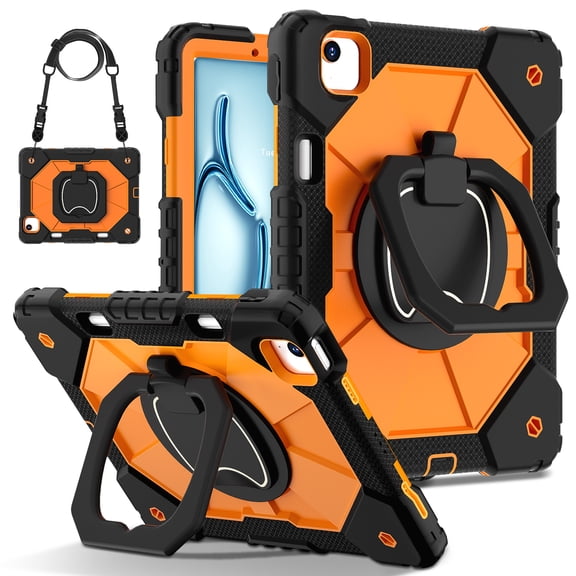ELEHOLD Heavy Duty Case for iPad Air 11-inch M4 (2026) , 3-Layer Rugged 360 Rotating Kickstand Handle Grip Detachable Shoulder Strap Kids Friendly Shockproof Case,Black Orange