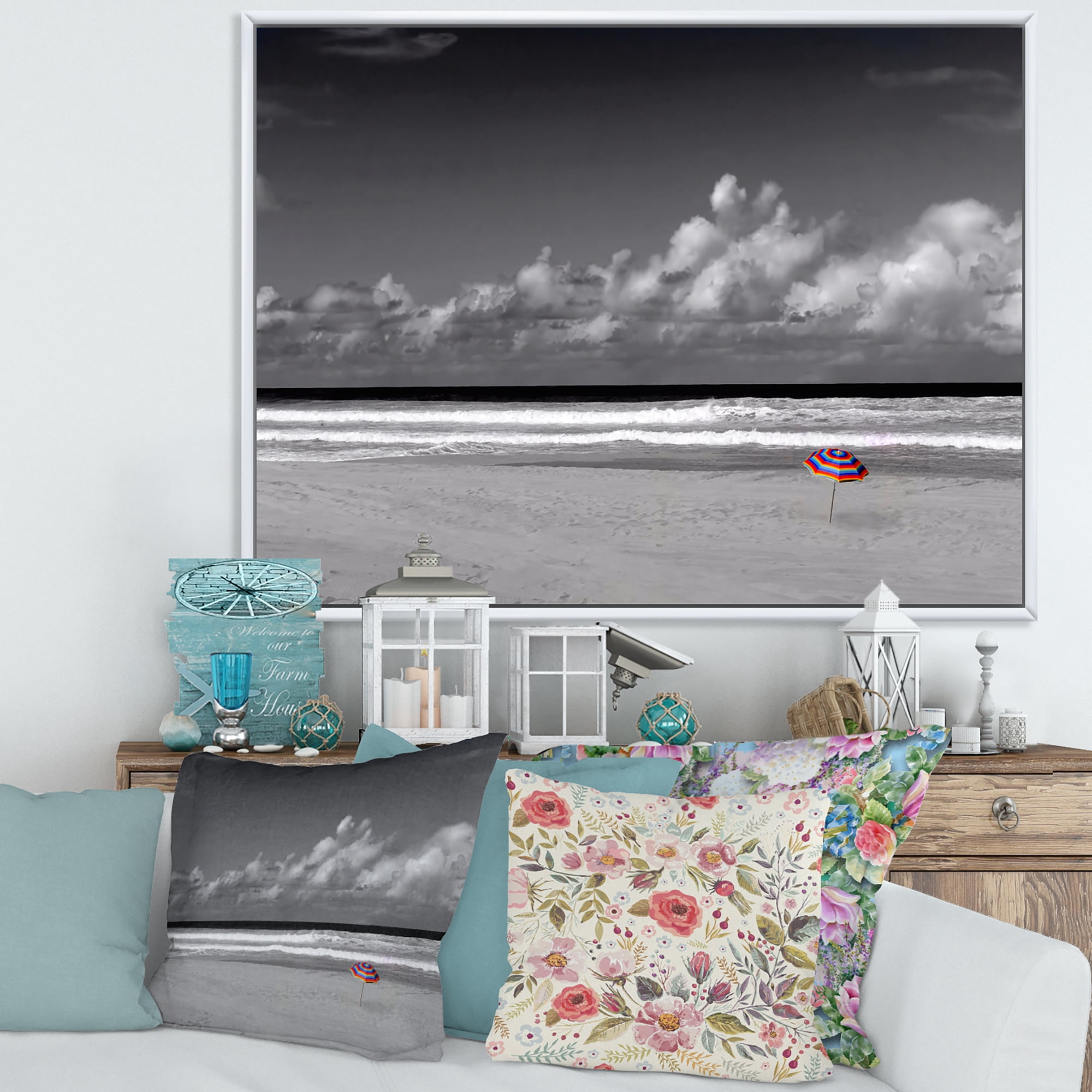 Designart 'Black and White Coastline Under Cloudy Sky' Lake House Framed Canvas Wall Art Print