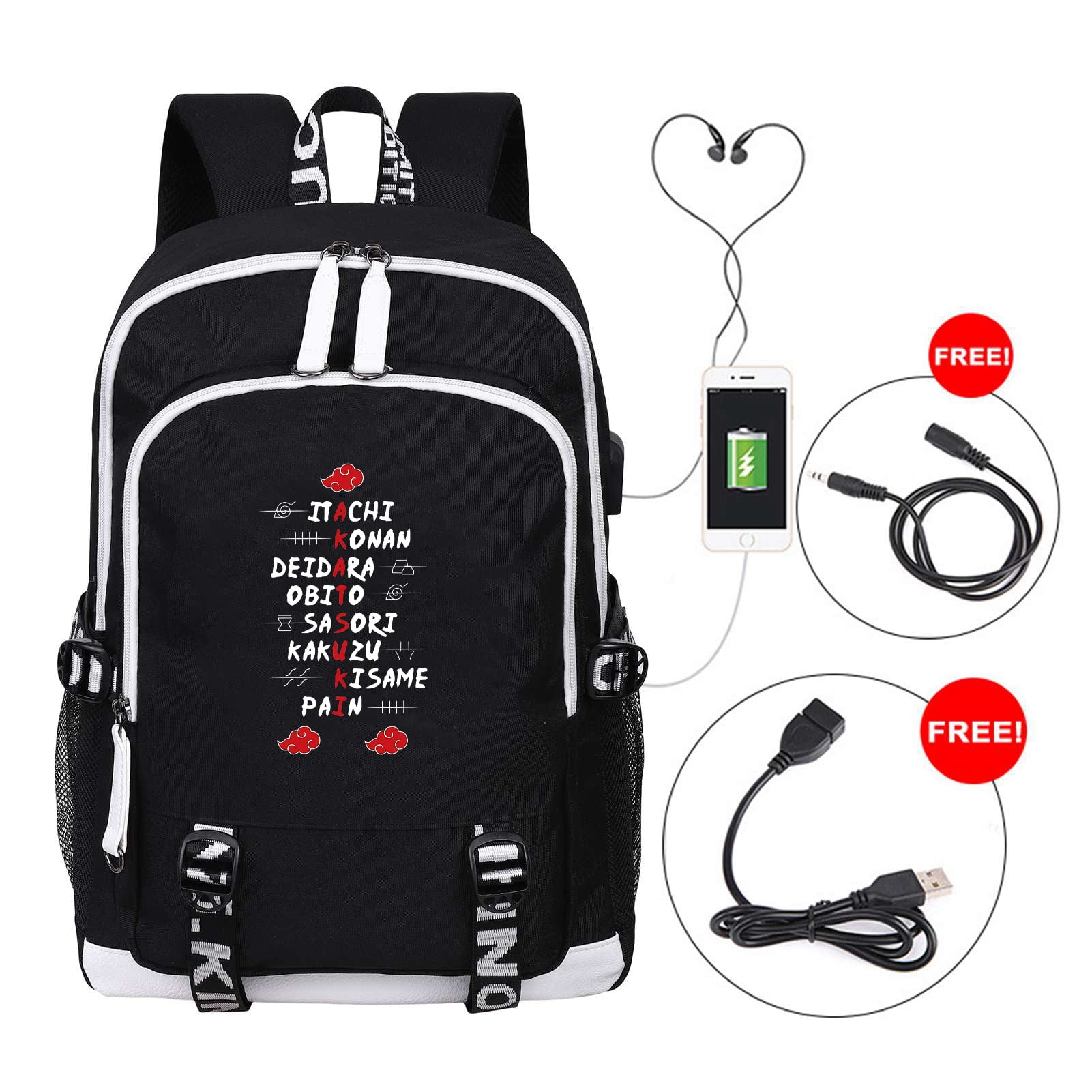 SOSPIRO Naruto Backpack,Itachi Sasori Akatsuki Pain Student Backpack Laptop School Bag,Book Bag with USB Charging Port and Headphone PortBlack 1