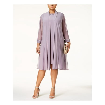 R&M RICHARDS Womens Purple Stretch Embellished Open Front 34 Sleeve Jacket Sleeveless Round Neck Knee Length Evening Sheath Dress Plus 14W