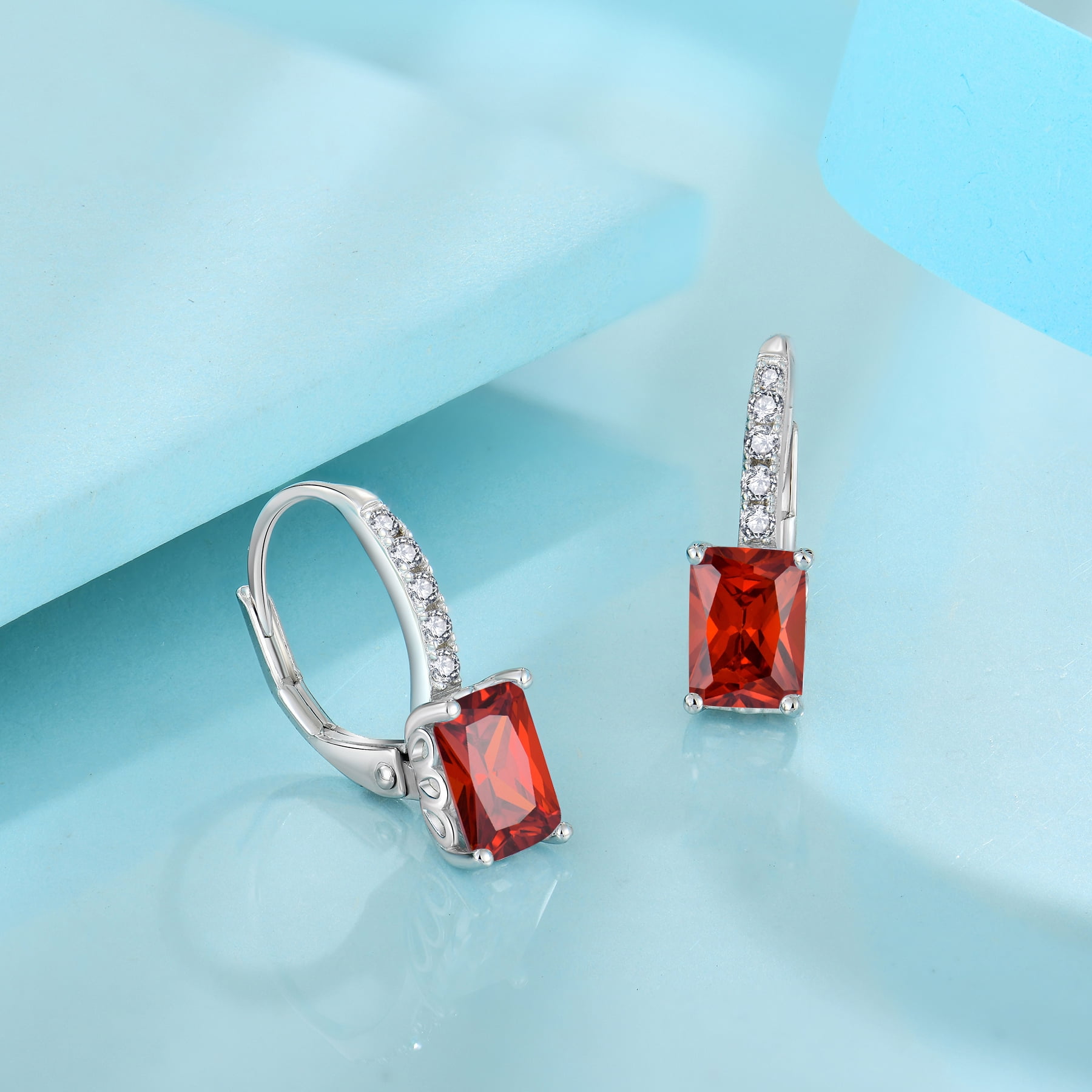 FJ Princess Cut Dangle Drop Earrings 925 Sterling Silver Square Leverback Earrings January Birthstone Garnet Jewelry Gifts for Women
