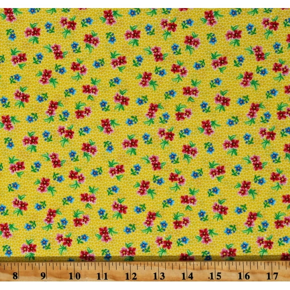 Cotton Tiny Flowers Tossed Red and Blue Floral on Yellow Small Scale Floral Cache Cotton Fabric Print by the Yard (1649-28886-S)
