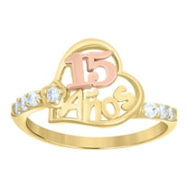 10k Gold Womens Tri-Color CZ 15 Anos Heart Flower Quinceanera Band Ring