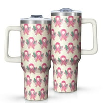 Pink Breast Cancer and Pioneer Flower Tumbler with Handle and Lid,40oz Double Wall Vacuum Insulated Tumbler,Cups Gift for Women and Men