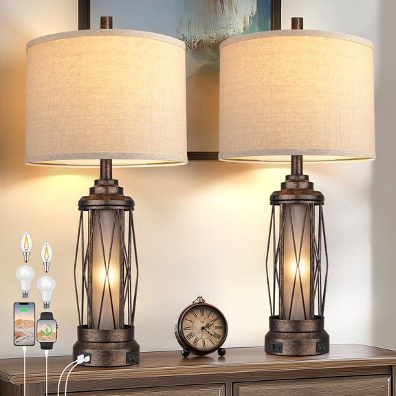 Farmhouse Table Lamps for Living Room, Rustic Nightstand Lamp for Bedroom with USB C A Charging Ports, Built-in Frosted Glass Night Light for Entryway End Table, 4 Bulbs Included, Bronze