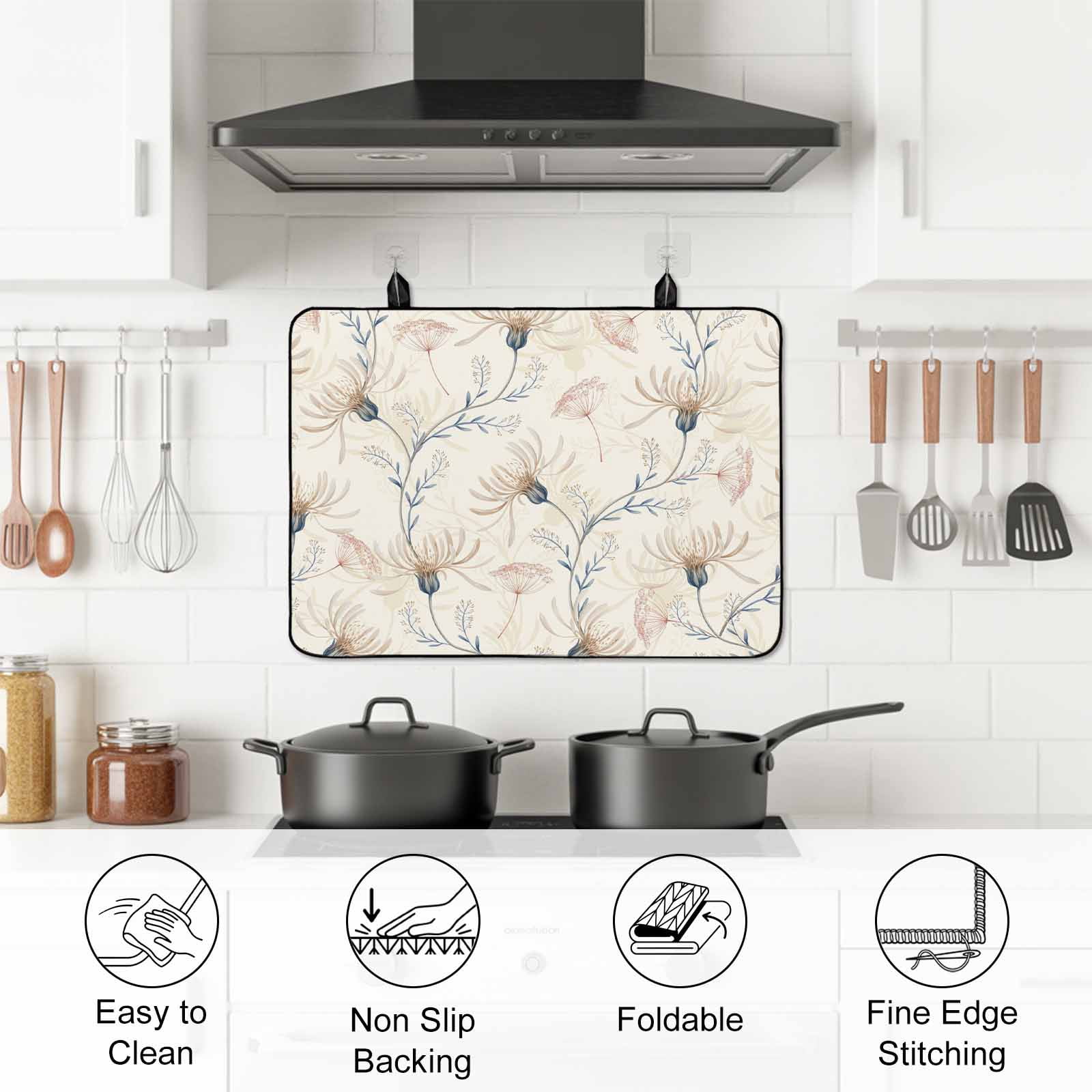 Beige Flowers Stove Top Cover for Electric Stove, Heat-proof & Non Slip Glass Top Stove Cover Protector, Watercolor Farmhouse Botanical Floral Kitchen Flat Cooktop Rubber Mat 24x21 Inches